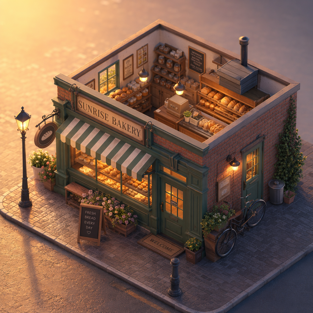 Isometric tiny bakery at dawn, warm 3D render, generated on Imgica AI