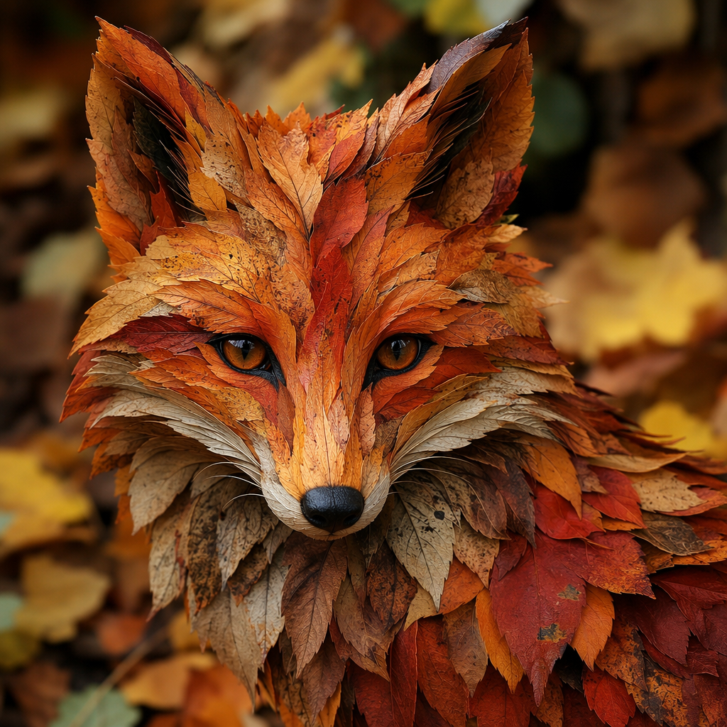 A fox made of autumn leaves, macro detail, generated on Imgica AI