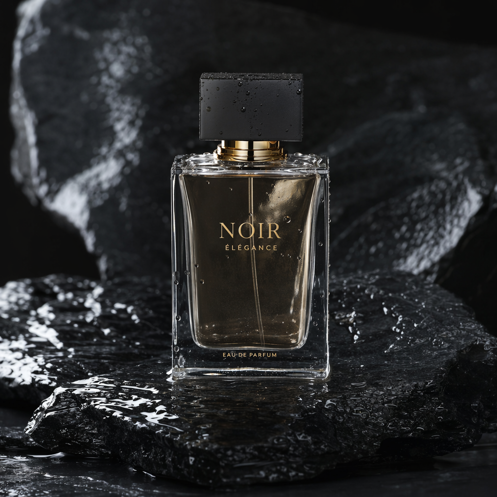 Product shot of a glass perfume bottle on wet black stone, generated on Imgica AI