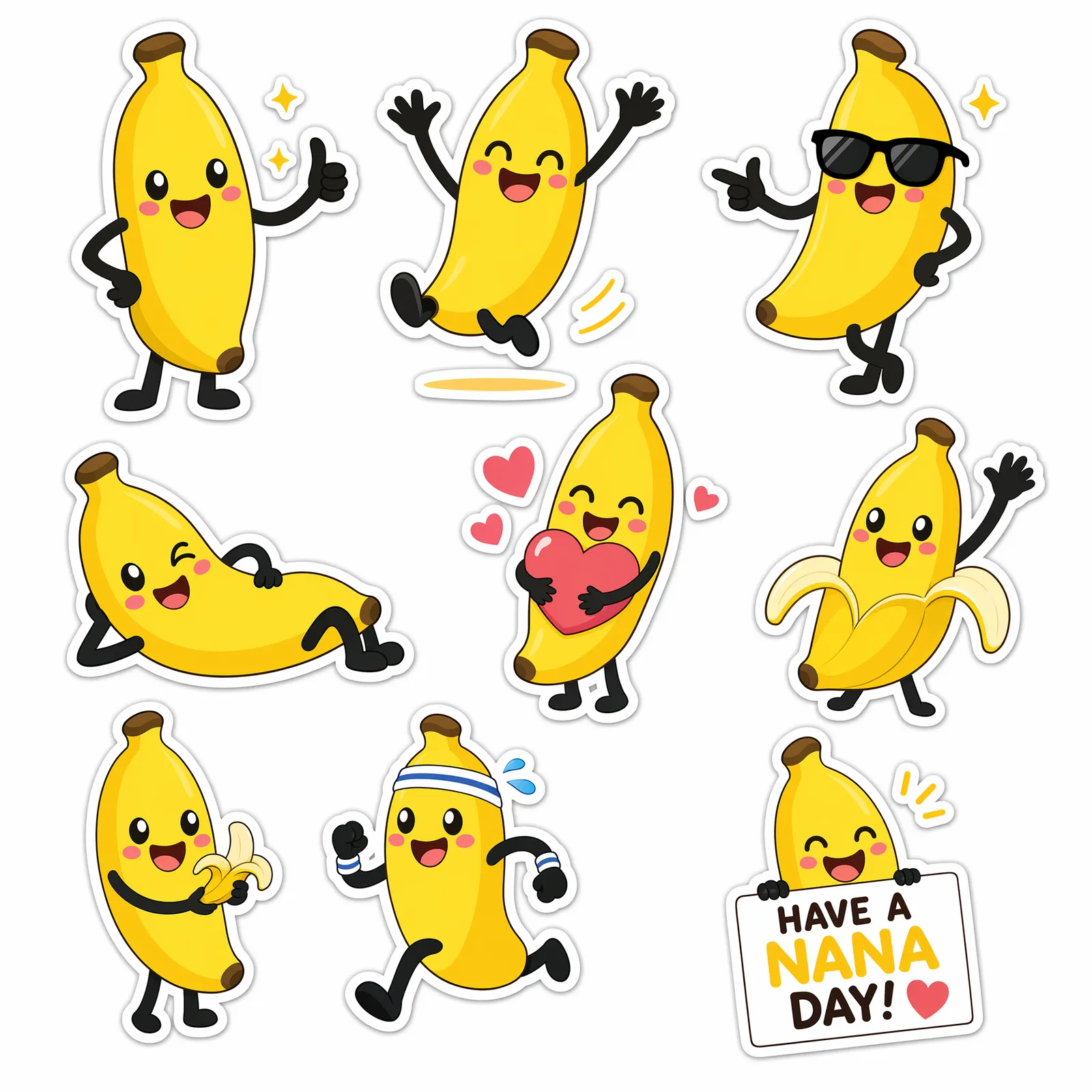 Sticker sheet of a smiling banana mascot in nine poses, each with a white border, one holding a sign that reads Have a nana day, made with GPT Image 2 from a text prompt