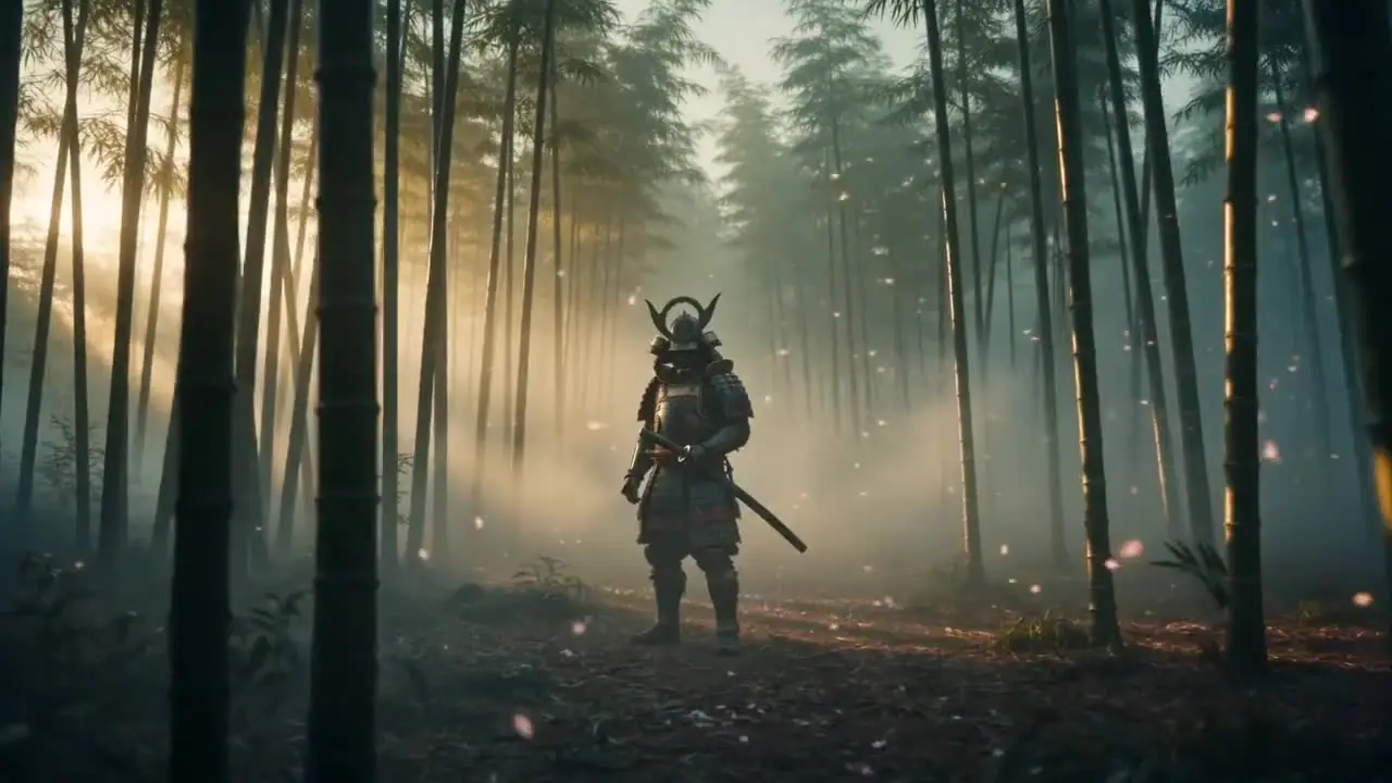 Lone warrior in a bamboo forest during a cherry blossom storm, AI video made with Enhance AI