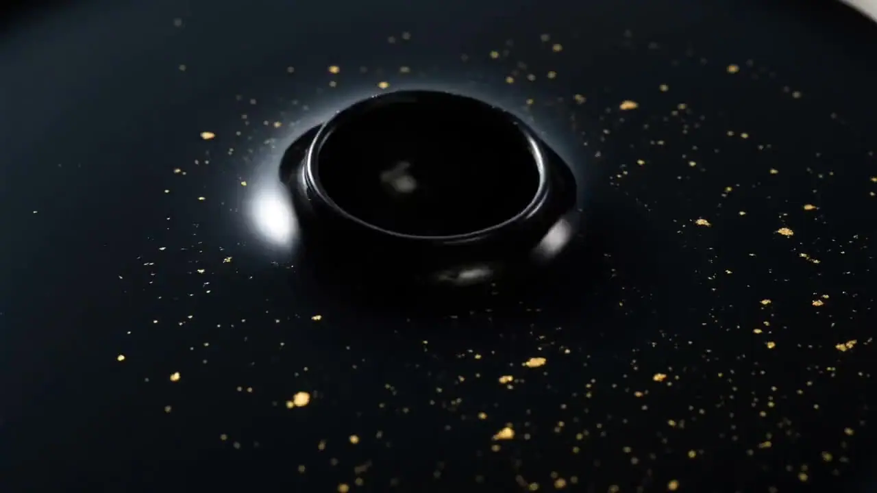 Seedance 2.0 clip: black ink blooming in dark water with gold dust, close up