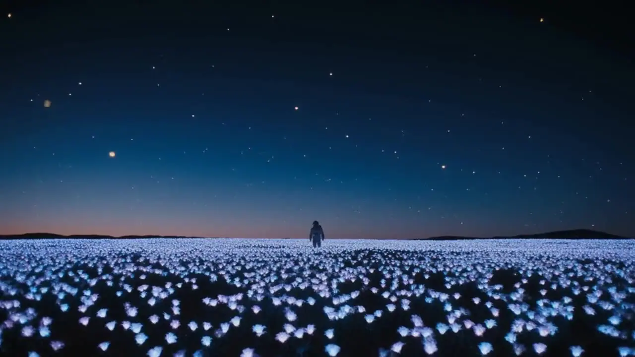 Seedance 2.0 clip: an astronaut standing in a field of glowing flowers at dusk
