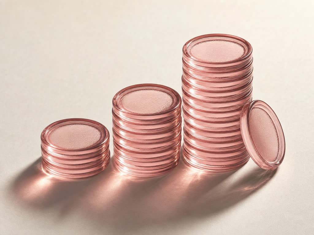 Stacks of translucent pink glass tokens on warm paper, made with GPT Image 2